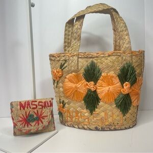 Handmade Woven 1960s  “Nassau” Straw Beach Tote Purse & Wallet Bahamas